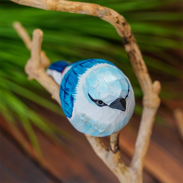 Hand Carved Wooden Blue Jay Ornament
